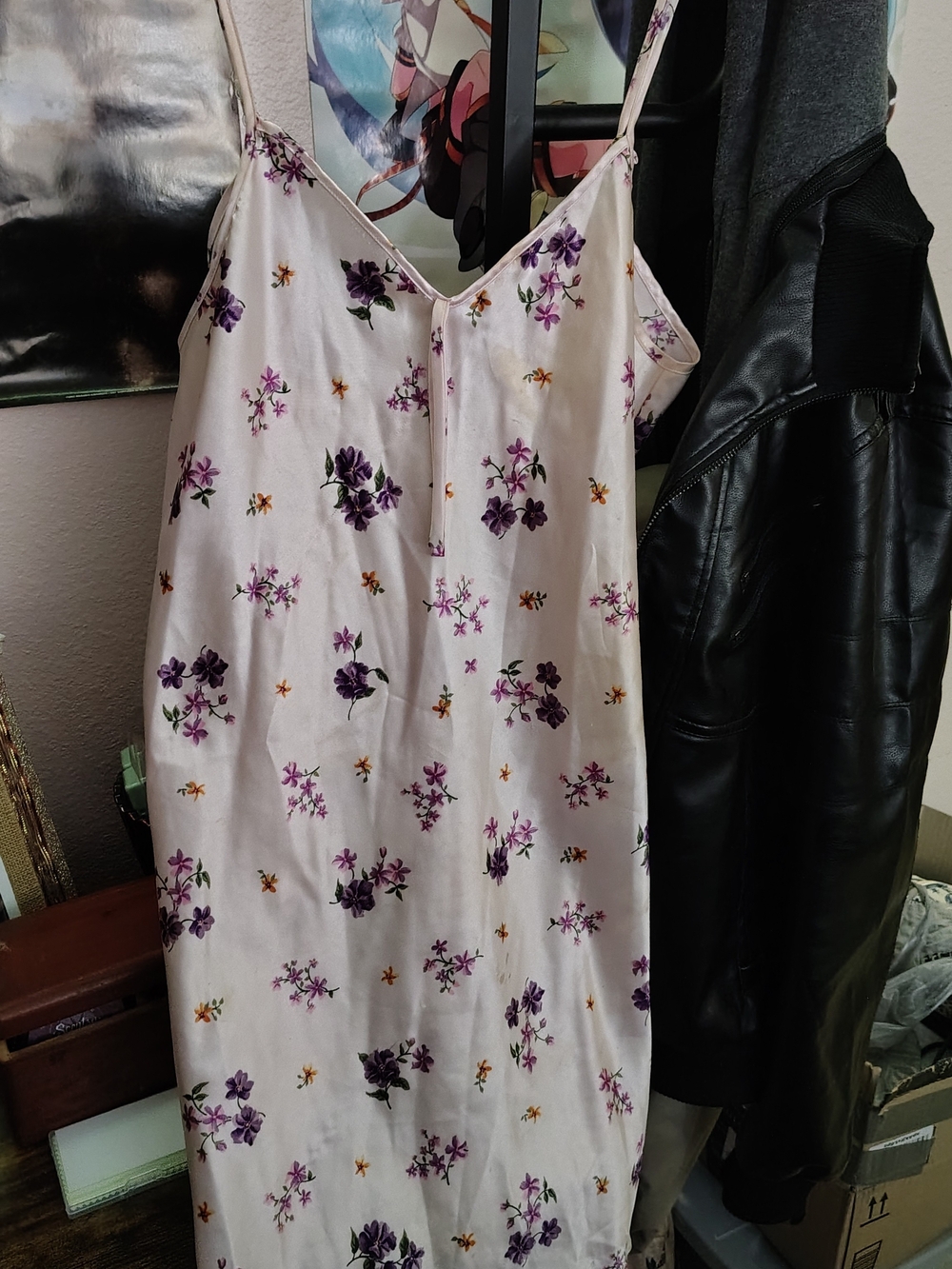 Vintage Floral Satin Slip Dress White & Purple Cami Nightgown Chemise